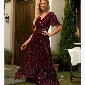 Elegant Burgundy Polka Dot Maxi Dress